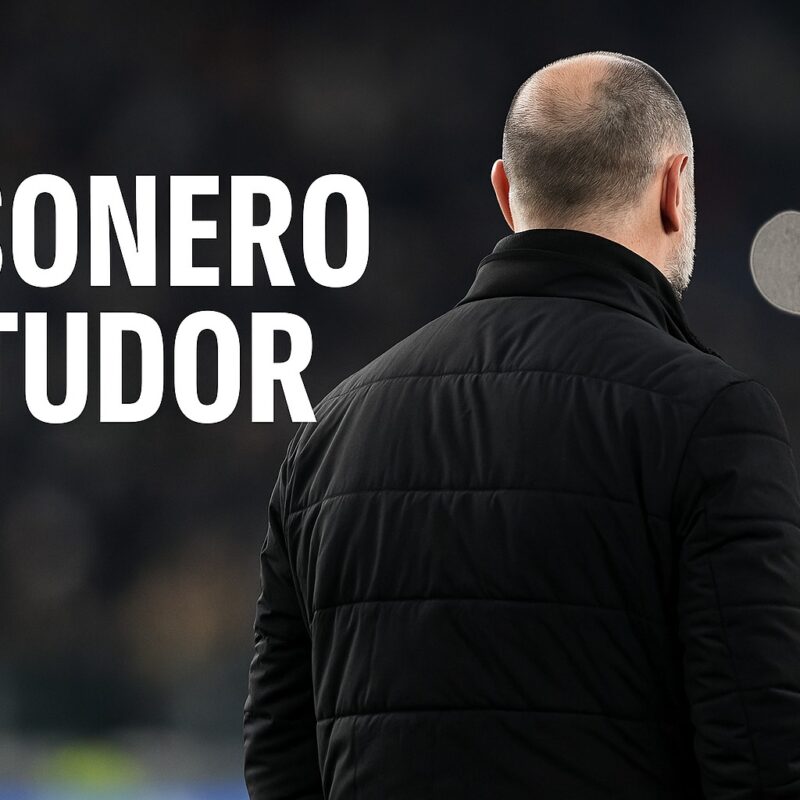 Allenatore Igor Tudor di spalle a bordo campo con la giacca della Juventus, in uno stadio illuminato e gremito di tifosi, con la scritta Esonero Tudor centrata in alto sull’immagine, atmosfera tesa e realistica.