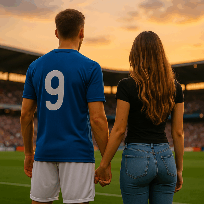 Un calciatore di Serie A e la sua fidanzata di spalle sul campo da calcio al tramonto, simbolo di amore e passione nel mondo delle fidanzate dei calciatori di Serie A.