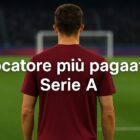 Un calciatore con maglia sportiva generica di colore bordeaux è ripreso di spalle su un campo da calcio verde, con la scritta bianca Giocatore più pagato Serie A sovrapposta al centro dell’immagine.
