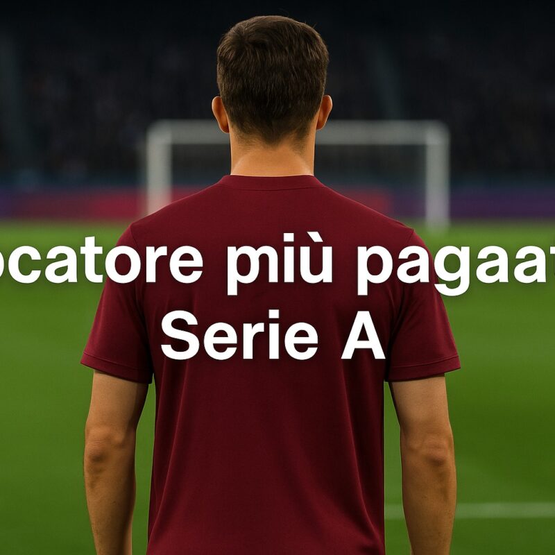 Un calciatore con maglia sportiva generica di colore bordeaux è ripreso di spalle su un campo da calcio verde, con la scritta bianca Giocatore più pagato Serie A sovrapposta al centro dell’immagine.