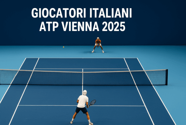 Giocatori Italiani ATP Vienna 2025 durante il torneo indoor alla Wiener Stadthalle, atmosfera sportiva e luci intense sul campo da tennis.