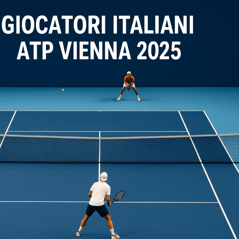 Giocatori Italiani ATP Vienna 2025 durante il torneo indoor alla Wiener Stadthalle, atmosfera sportiva e luci intense sul campo da tennis.