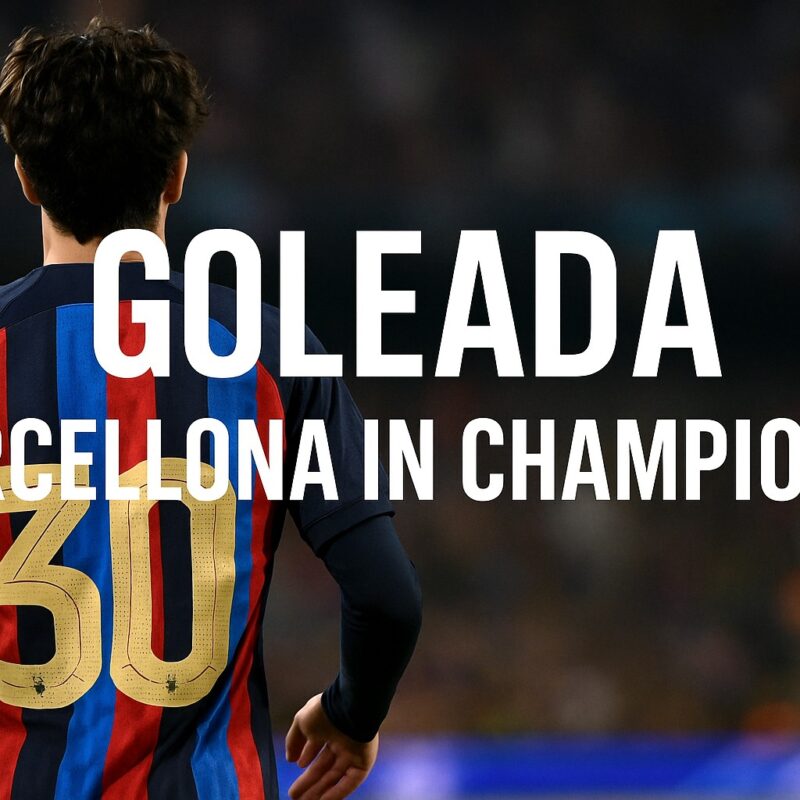 Giocatori del Barcellona che esultano insieme al Camp Nou dopo una goleada in Champions League, con le maglie blaugrana alzando le braccia verso i tifosi sugli spalti illuminati, atmosfera di festa e trionfo sportivo dopo la goleada Barcellona in champions