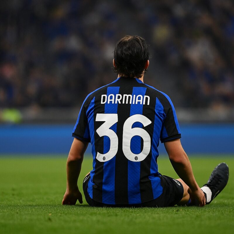 Il giocatore dell’Inter Matteo Darmian seduto a terra sul campo dopo l’infortunio Darmian, visto da dietro con il nome visibile sulla maglia numero 36.