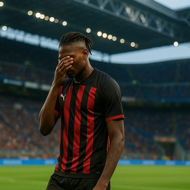 Infortunio Leao durante una partita del Milan in uno stadio illuminato, con il giocatore che mostra segni di stanchezza e concentrazione sul campo.