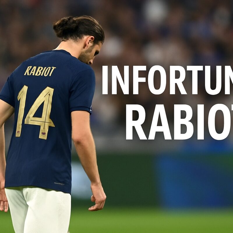 Adrien Rabiot fotografato di spalle con la maglia blu numero 14 della nazionale, mentre cammina a testa bassa fuori dal campo dopo un infortunio, con la scritta INFORTUNIO RABIOT centrata a destra