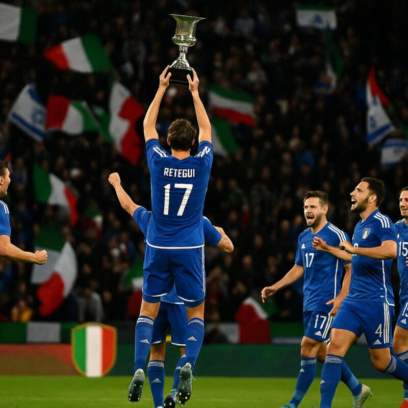 I giocatori della Nazionale festeggiano la vittoria di Italia Israele 3-0 allo stadio di Udine, con Retegui che alza la coppa e i compagni in esultanza davanti alle bandiere tricolori sugli spalti