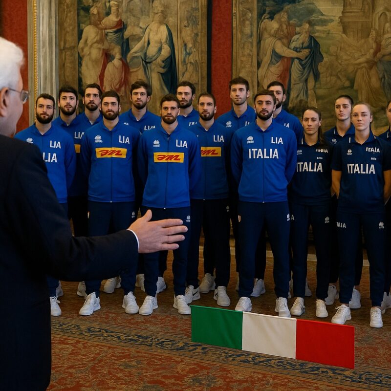 Il Presidente Sergio Mattarella, di spalle, riceve le Nazionali italiane di volley maschile e femminile in una sala elegante che ricorda il Quirinale. Gli atleti, in divisa azzurra con la scritta “Italia”, ascoltano attentamente mentre sul pavimento è visibile una piccola bandiera tricolore.