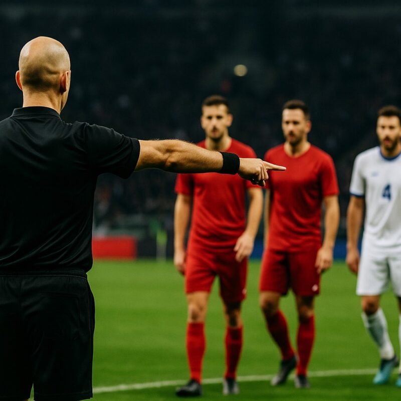 Un arbitro calvo di spalle, vestito di nero, indica con decisione il dischetto del rigore durante una partita di calcio, mentre intorno a lui alcuni giocatori in maglia rossa e bianca osservano la scena; rappresentazione realistica di un momento decisivo gestito dal miglior arbitro del mondo