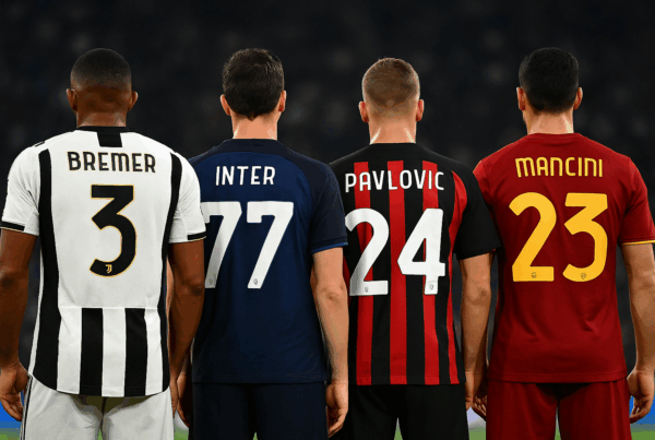 Giocatori di Serie A di spalle in campo, rappresentanti Juventus, Inter, Milan e Roma, simbolo della miglior difesa della Serie A 2025/2026.
