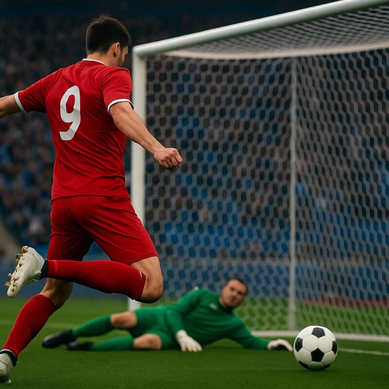 Un calciatore con la maglia rossa numero 9 calcia in porta mentre il portiere in verde è disteso a terra, battuto, e la palla sta per entrare in rete; scena realistica che rappresenta l’azione decisiva di un possibile miglior marcatore di sempre durante una partita in uno stadio gremito