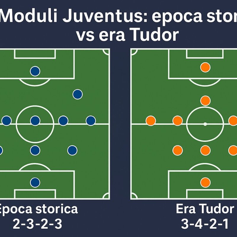 Infografica intitolata “Moduli Juventus : epoca storica vs era Tudor”, che mostra due campi da calcio affiancati. A sinistra è illustrato il modulo storico 2-3-2-3 con cerchi blu che rappresentano i giocatori disposti in stile anni ’30, mentre a destra è visibile il modulo moderno 3-4-2-1 utilizzato da Tudor, con cerchi arancioni. Entrambi i campi sono verdi con linee bianche e scritte chiare che evidenziano le differenze tattiche tra le due epoche.