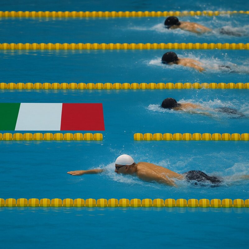 Vista dall’alto di una gara di nuoto in una piscina olimpionica, con un nuotatore italiano in netto vantaggio rispetto agli avversari. Nella sua corsia, davanti a lui, è visibile la bandiera dell’Italia nitida e piatta sull’acqua. Gli altri atleti seguono distanziati sullo sfondo. L’immagine celebra i nuotatori italiani famosi e la loro supremazia nelle competizioni internazionali.