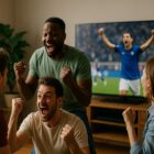 Gruppo di tifosi esultanti in salotto che guardano una partita di calcio alla TV, simbolo della passione e dell’emozione di quale squadra ha più tifosi nel mondo.