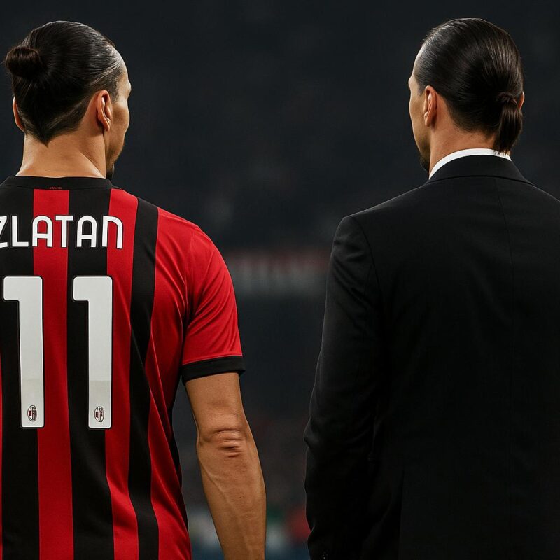 Zlatan Ibrahimovic di spalle con la maglia rossonera del Milan accanto alla sua versione in abito elegante da dirigente, simbolo della transizione dalla carriera in campo a quella manageriale, rappresentando quanti scudetti ha vinto Ibrahimovic e la sua nuova vita al club.