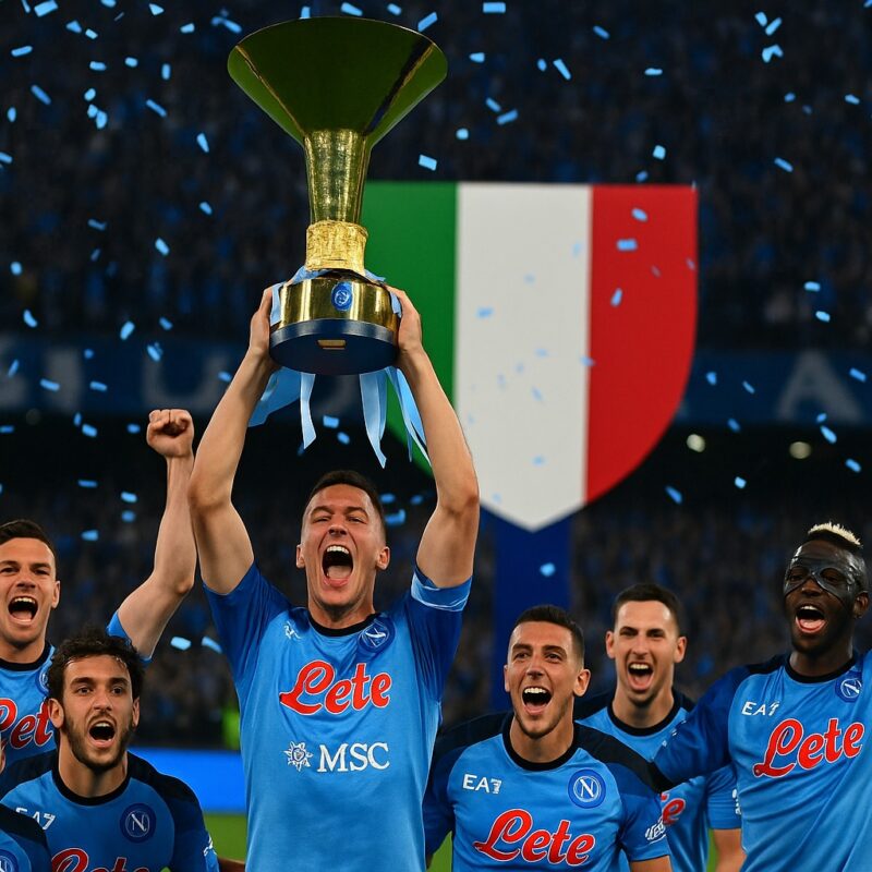 Quanti scudetti ha vinto il Napoli. Giocatori del Napoli in maglia azzurra che alzano la coppa dello scudetto davanti ai tifosi, simbolo dei quattro titoli vinti nella storia del club.