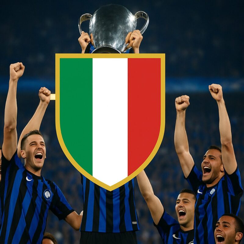 Giocatori dell’Inter in maglia nerazzurra che alzano la coppa dello scudetto davanti ai tifosi, simbolo dei venti titoli vinti nella storia del club