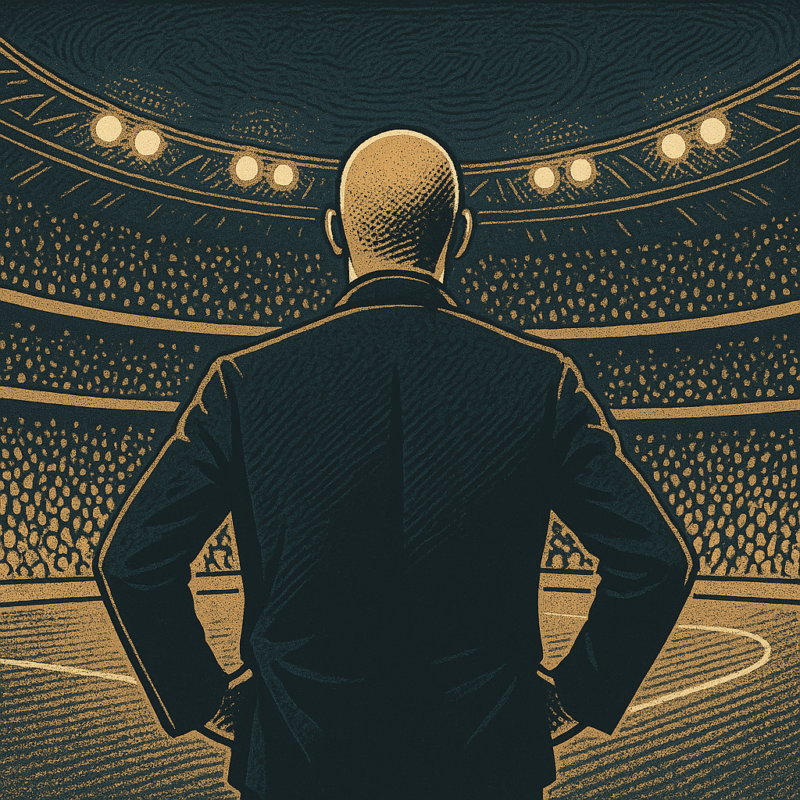 Illustrazione stilizzata di un allenatore di spalle in uno stadio gremito, usata per rappresentare l’articolo Quanto guadagna Tudor alla Juventus