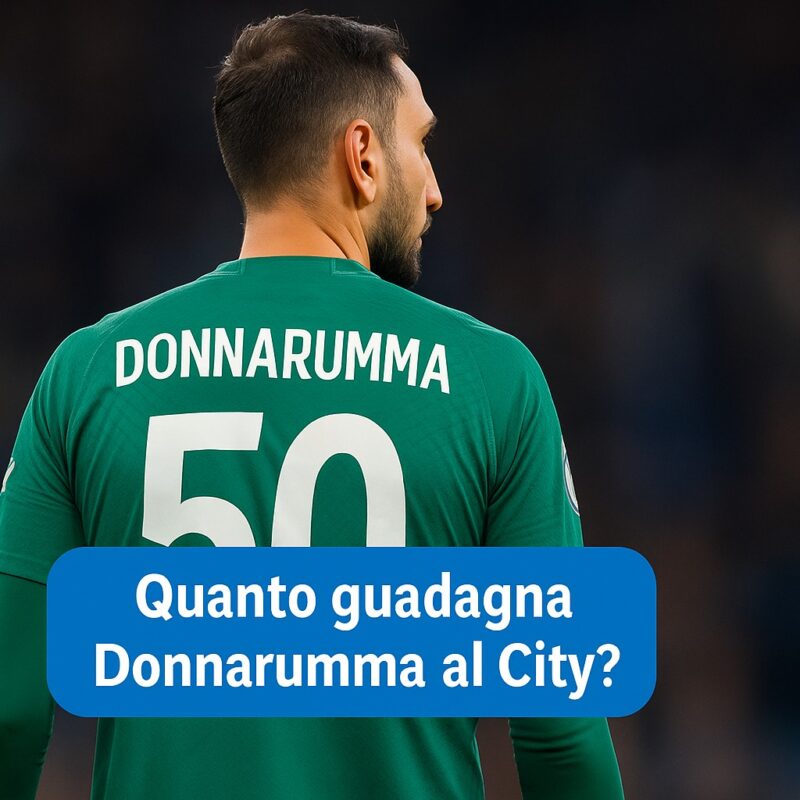 Gianluigi Donnarumma di spalle con la maglia verde del Manchester City, il nome “DONNARUMMA” e il numero 50 ben visibili. In basso, un pulsante blu con la scritta bianca Quanto guadagna Donnarumma al City? spicca sull’immagine.