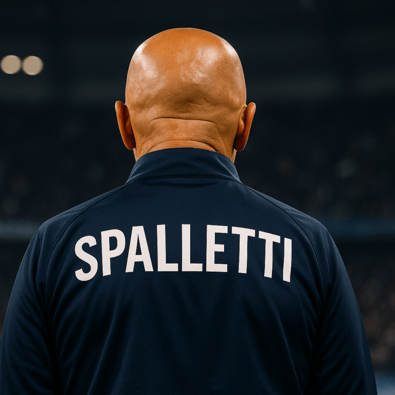 Quanto guadagna Spalletti: l’allenatore visto di spalle in uno stadio illuminato, con giacca blu e nome sulla schiena durante una partita serale.