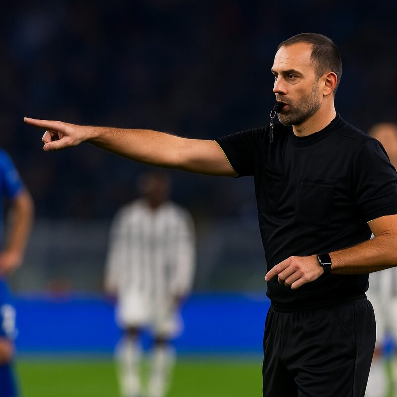 immagine che mostra un Arbitro di Serie A di tre quarti con un fischietto in mano che indica il centro del campo, circondato da giocatori pronti alla ripresa del gioco sotto le luci dello stadio, durante una partita serale — scena che illustra quanto guadagna un arbitro di Serie A per descrivere un articolo che spiega quanto guadagna un arbitro in serie a