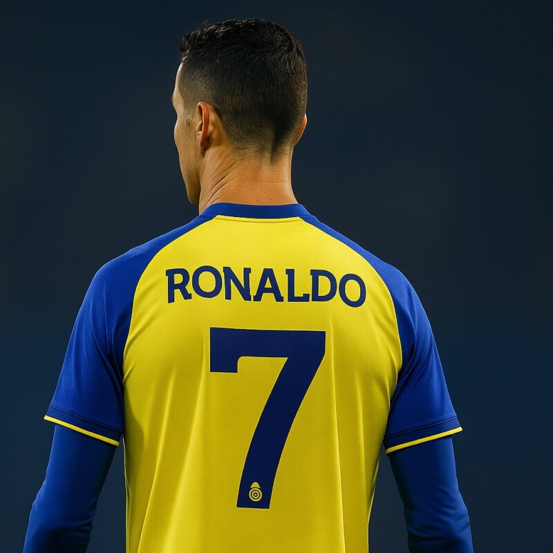 Calciatore visto di spalle in campo, simbolo del successo e della ricchezza sportiva, rappresenta quanto guadagna Cristiano Ronaldo al minuto.