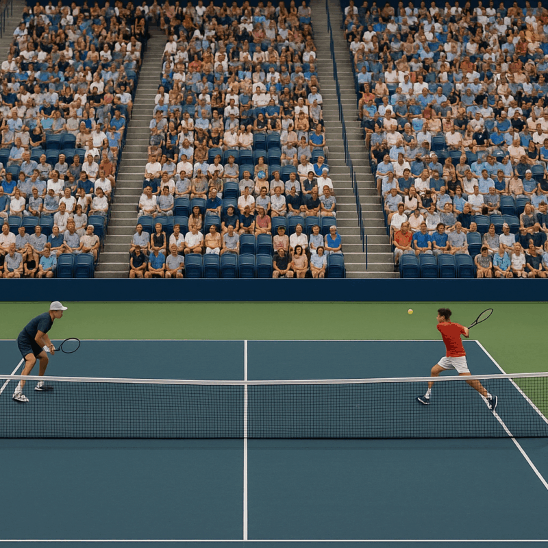 Partita di tennis su campo con pubblico numeroso durante un intenso scambio, perfetta per illustrare Statistiche Sinner e le emozioni del tennis mondiale.