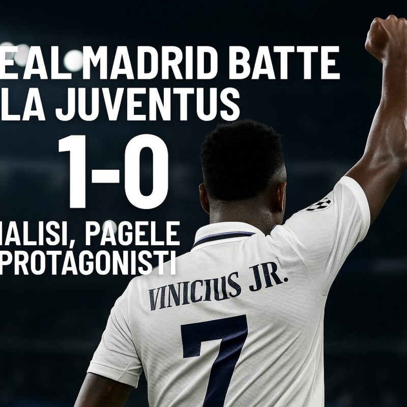 Giocatori del Real Madrid che esultano al Santiago Bernabéu dopo la vittoria 1-0 contro la Juventus, con la scritta Il Real Madrid batte la Juventus 1-0 al centro, sullo sfondo i tifosi in festa e le luci dello stadio che illuminano la scena