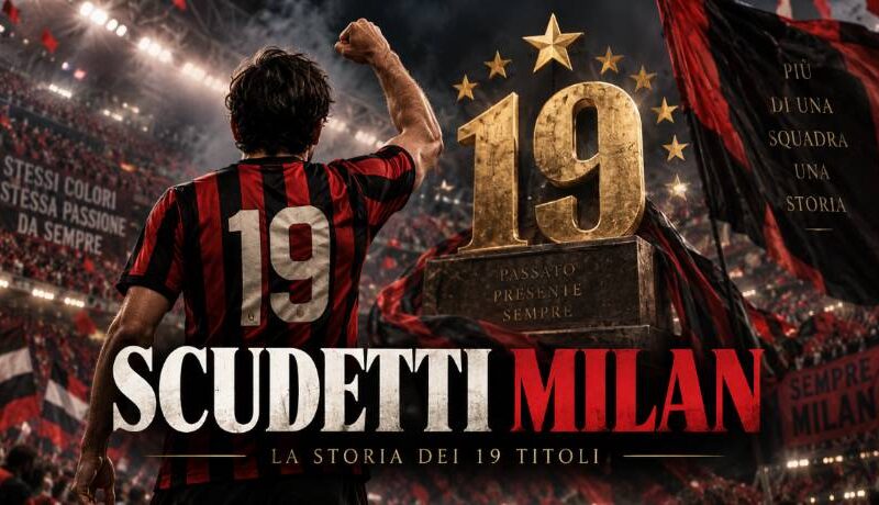 Scudetti Milan: immagine celebrativa dei 19 titoli rossoneri con calciatore di spalle in uno stadio.