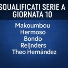 Grafica digitale in con sfondo blu scuro e scritta bianca Squalificati Serie A giornata 10 nella parte superiore. Al centro sono elencati i nomi dei giocatori squalificati: Makoumbou, Hermoso, Bondo, Reijnders e Theo Hernández, in caratteri grandi e leggibili.
