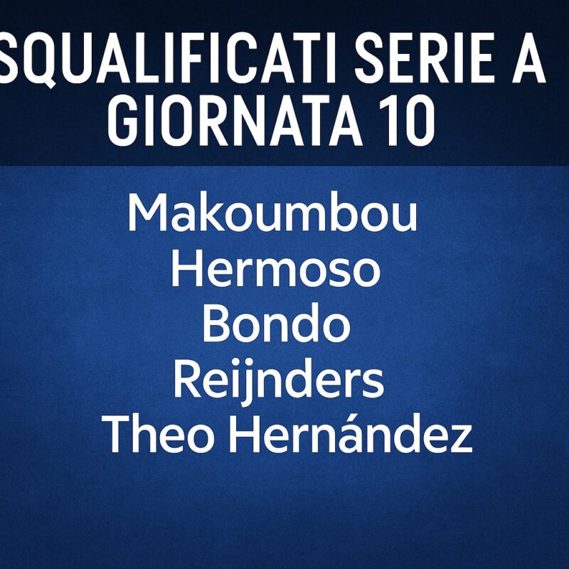 Grafica digitale in con sfondo blu scuro e scritta bianca Squalificati Serie A giornata 10 nella parte superiore. Al centro sono elencati i nomi dei giocatori squalificati: Makoumbou, Hermoso, Bondo, Reijnders e Theo Hernández, in caratteri grandi e leggibili.