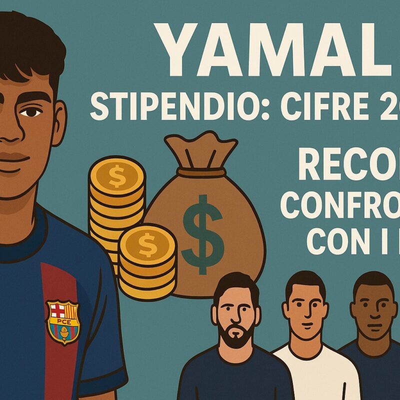 Illustrazione iconografica su Yamal Stipendio 2025 con confronto con Messi, Ronaldo, Mbappé e Haaland