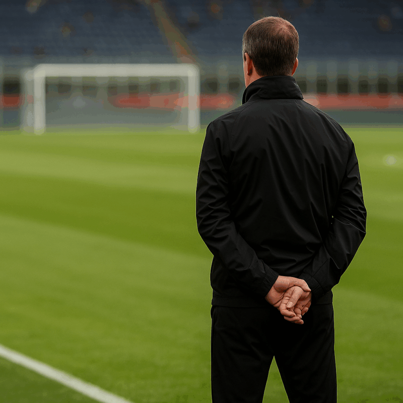 Allenatore non riconoscibile di spalle su un campo da calcio italiano al tramonto, simbolo del Successore di Tudor e della rinascita della Juventus.