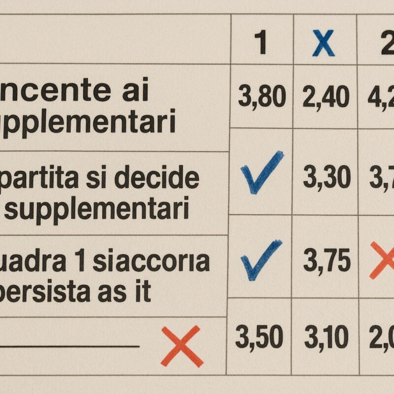 Schedina di scommesse sportive con esiti ai tempi supplementari e quote simulate su partite decise oltre il tempo regolamentare