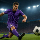 Calciatore con maglia viola numero 10 che calcia il pallone in uno stadio illuminato, richiamo allo stile di gioco di Adrian Mutu