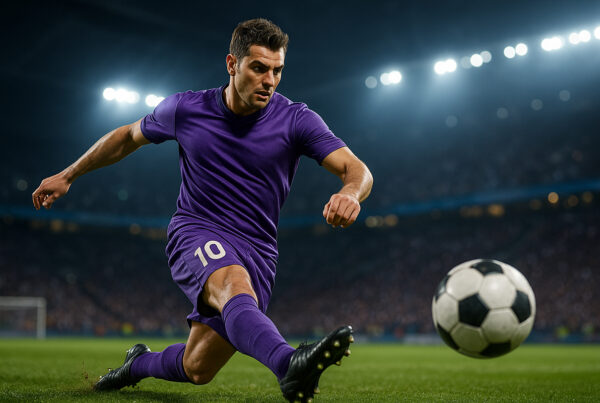 Calciatore con maglia viola numero 10 che calcia il pallone in uno stadio illuminato, richiamo allo stile di gioco di Adrian Mutu