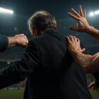 Uomo anziano visto di spalle durante un’aggressione in uno stadio affollato, scena ispirata al contesto storico legato a Dino Viola.