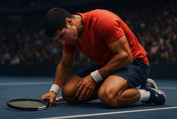 Tennista in ginocchio che si tiene la gamba destra per un infortunio durante un match, scena realistica che richiama il forfait di Alcaraz in Coppa Davis.