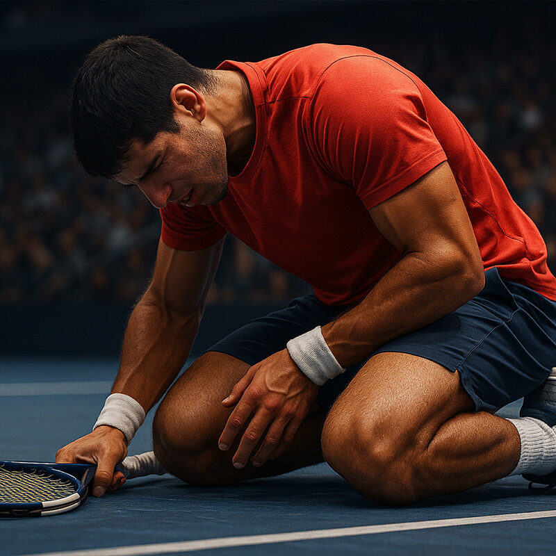 Tennista in ginocchio che si tiene la gamba destra per un infortunio durante un match, scena realistica che richiama il forfait di Alcaraz in Coppa Davis.