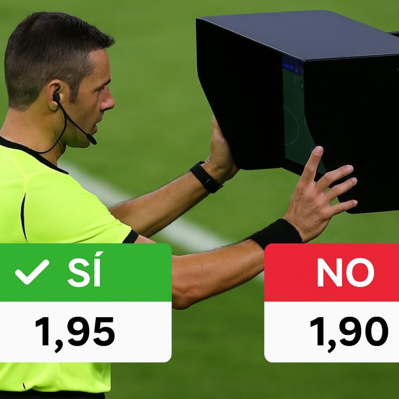 Arbitro che consulta il VAR durante una partita con due bottoni di scommessa SÌ e NO, quota 1,95 sul SÌ e 1,90 sul NO, rappresentazione grafica dell’evento Arbitro consulta Var Si No.