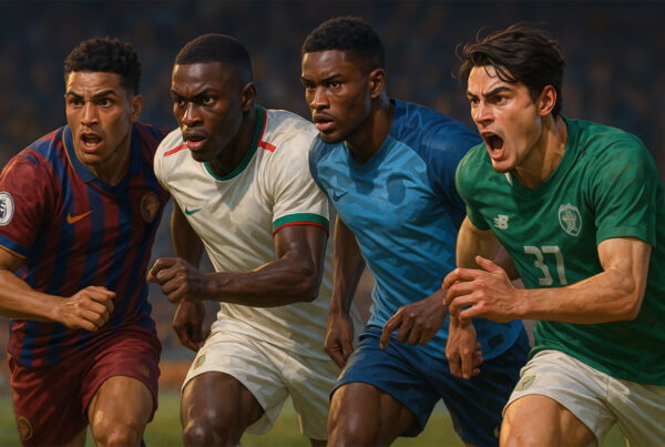 Quattro attaccanti emergenti in corsa durante una partita, rappresentati in stile iperrealistico 3D con intensità, forza fisica e dinamismo sportivo.