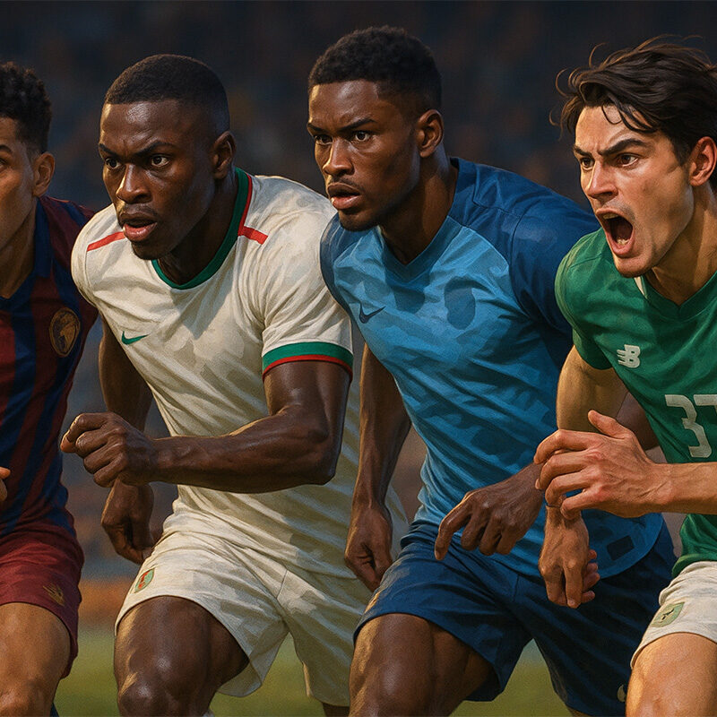 Quattro attaccanti emergenti in corsa durante una partita, rappresentati in stile iperrealistico 3D con intensità, forza fisica e dinamismo sportivo.