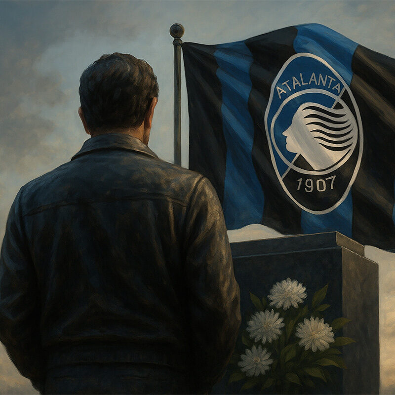 Figura maschile di spalle davanti allo stadio dell’Atalanta con bandiera nerazzurra, illuminata da luce serale, in stile pittorico iperrealistico, atmosfera memoriale dedicata a Cesare Bortolotti.