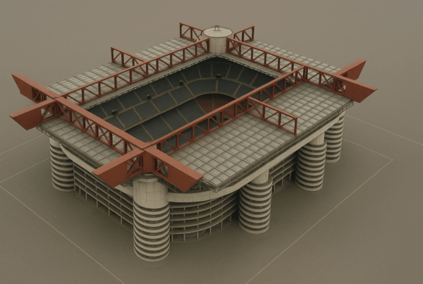 Cosa resterà di San Siro, veduta aerea illustrativa dello storico stadio di Milano al tramonto, simbolo di rinascita e memoria calcistica italiana.