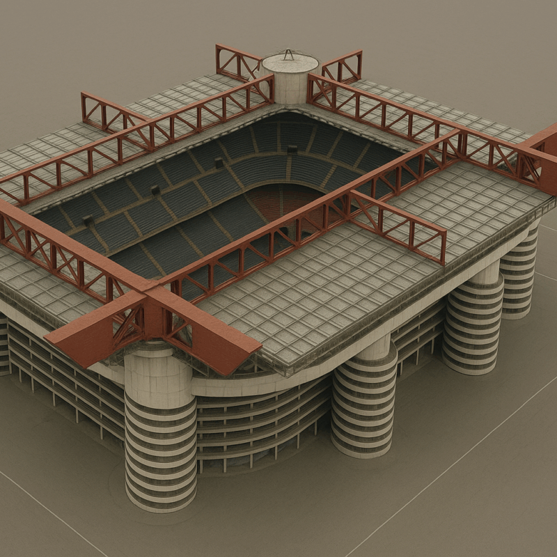 Cosa resterà di San Siro, veduta aerea illustrativa dello storico stadio di Milano al tramonto, simbolo di rinascita e memoria calcistica italiana.