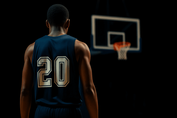 Giocatore di basket di spalle su un campo illuminato, simbolo della nuova era del basket europeo raccontata in Cos’è NBA Europe.