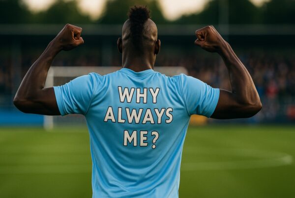 Giocatore di calcio di colore, visto di spalle su un campo da calcio, con cresta e posa muscolare, indossa una maglia con la scritta “Why Always Me?”, immagine ispirata alla celebre esultanza di Mario Balotelli e al concetto dove gioca Balotelli.