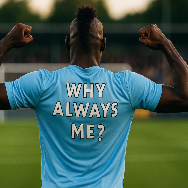 Giocatore di calcio di colore, visto di spalle su un campo da calcio, con cresta e posa muscolare, indossa una maglia con la scritta “Why Always Me?”, immagine ispirata alla celebre esultanza di Mario Balotelli e al concetto dove gioca Balotelli.