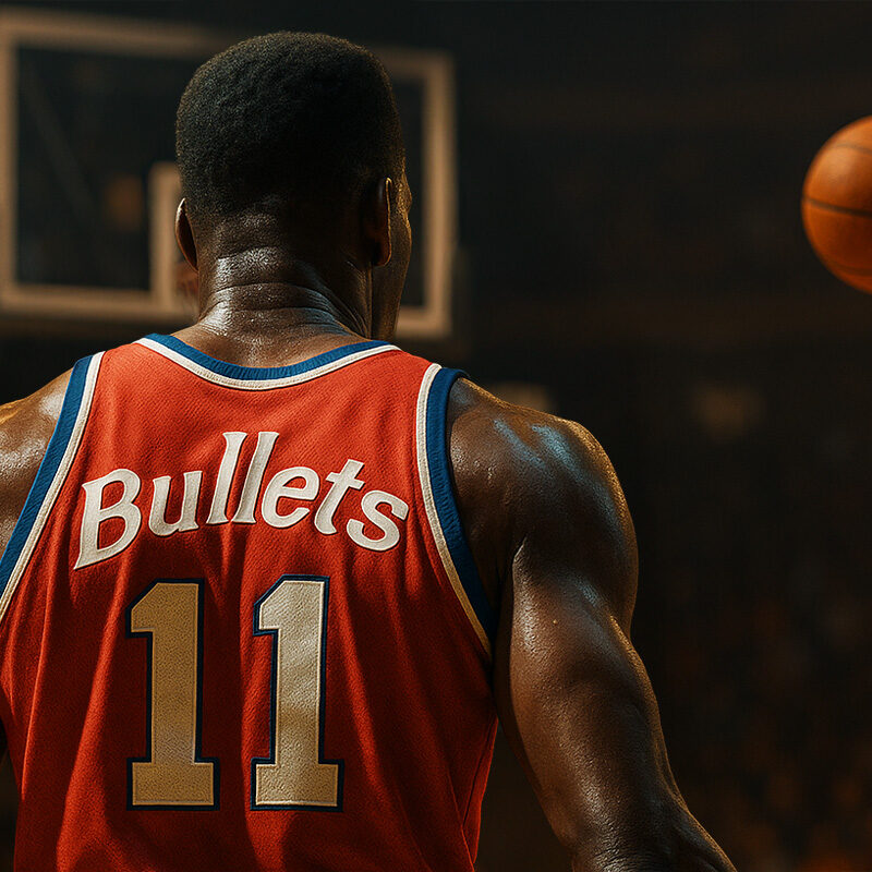 Illustrazione ispirata a Elvin Hayes, leggenda NBA, giocatore dei Bullets visto di spalle durante una partita in arena.