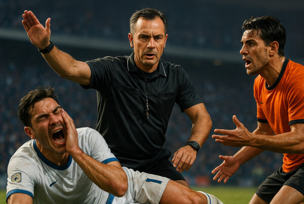 Arbitro che fischia in campo durante una partita di calcio, circondato da giocatori che protestano per un fallo e simulano dolore, simbolo degli errori arbitrali e delle polemiche nel calcio moderno.